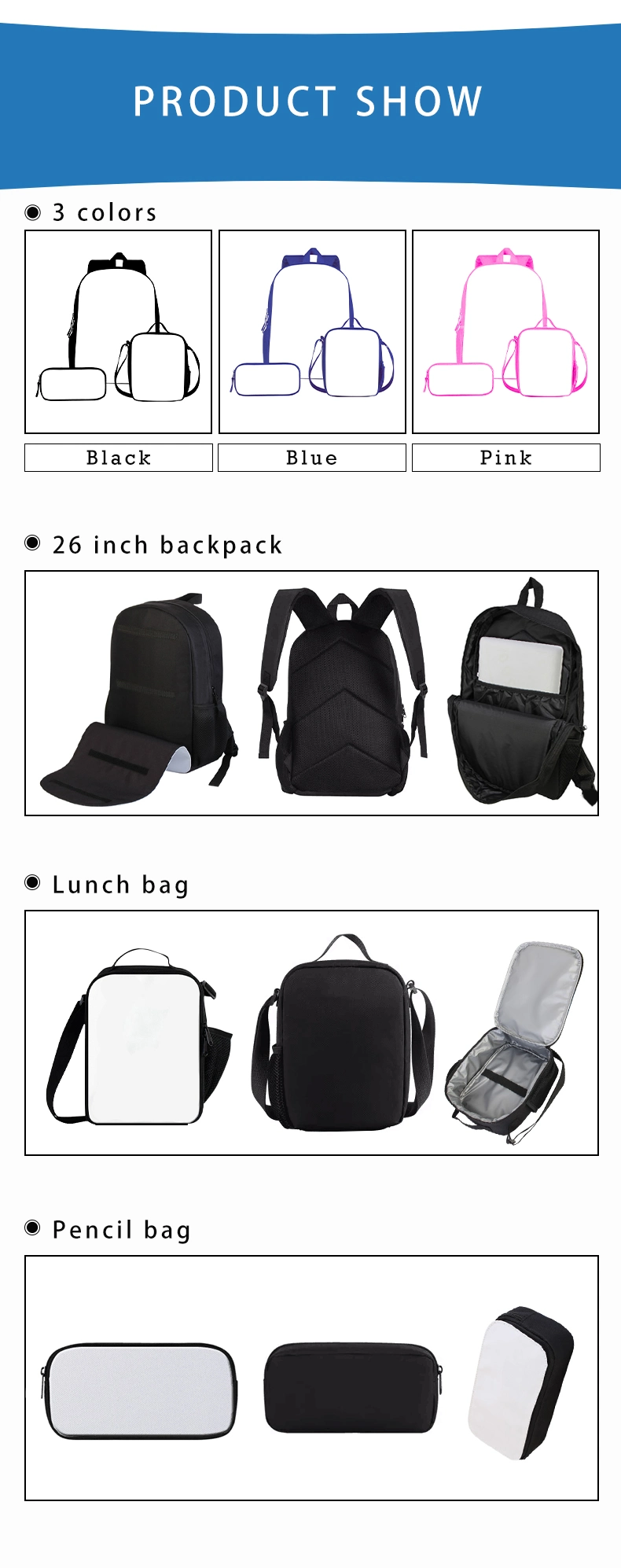 Sublimation Lunch Tote Bag Backpack School Bags